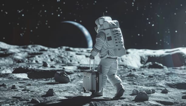 an astronaut walks on the surface of the moon with a suitcase for travel by AI generated image.