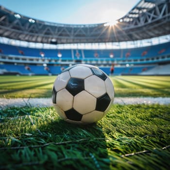 Soccer ball on the football field of the stadium by AI generated image.