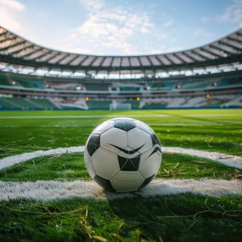Soccer ball on the football field of the stadium by AI generated image.