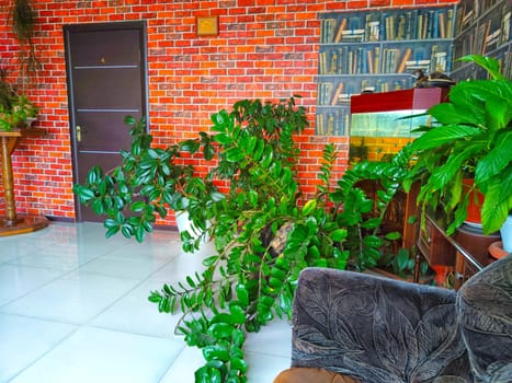 Variety of green plants complement a home library with a red brick wall. Cozy Home Library With Lush Indoor Plants and Red Brick Wall