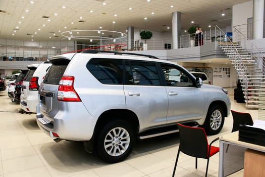Kazan, Russia - November 25, 2022: Cars in showroom of dealership Toyota in Kazan in Russia