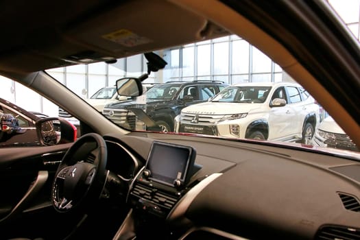 Kazan, Russia - November 25, 2022: Cars in showroom of dealership Toyota in Kazan in Russia