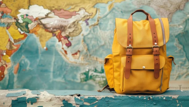 Yellow hipster backpack and map. travel concept by AI generated image.