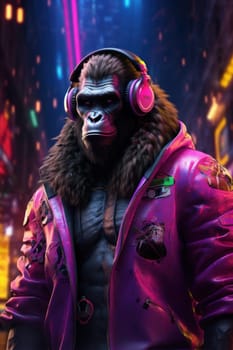 portrait of a party monkey ape with headphones on a colorful abstract background. AI generative.