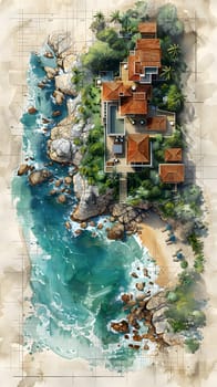 A picturesque house on a small island surrounded by water, trees, and natural landscape, creating a stunning urban design art in the middle of the ocean