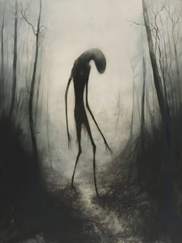 A monochromatic painting of a mysterious creature in a forest, surrounded by trees and plants. The atmosphere is enhanced by the flash photography highlighting its eerie gesture