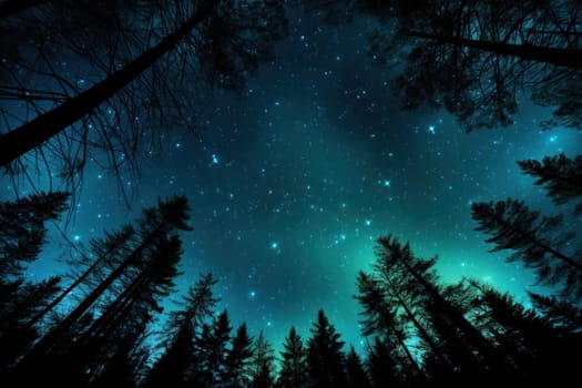 night sky in forest, view of star on night sky through tree brunches. AI Generative.