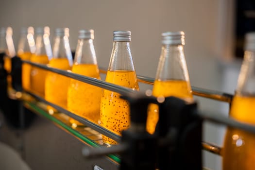 At the beverage factory an automated bottling line fills transparent bottles with organic basil or chia seed drinks infused with pomegranate.
