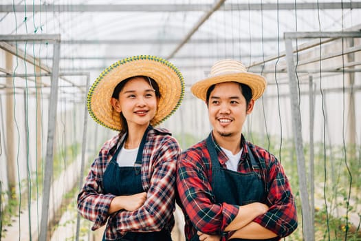 Joyful Asian farmers in tomato hydroponic farm. Couple bonding arms crossed carrying vegetables. Portrait of successful husband and wife entrepreneurs in the greenhouse. Farming happiness.