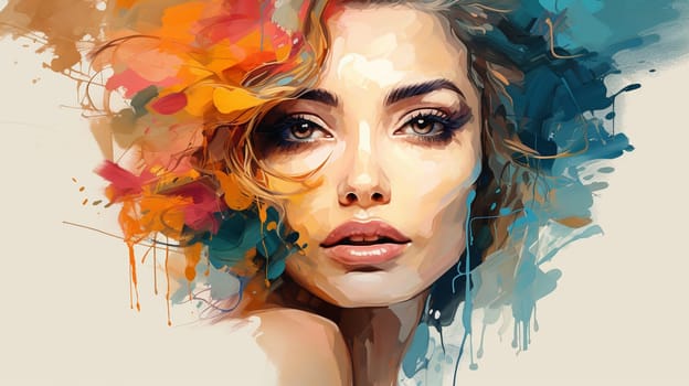 Beautiful girl face with colorful watercolor splashes. Vector illustration. Generate AI