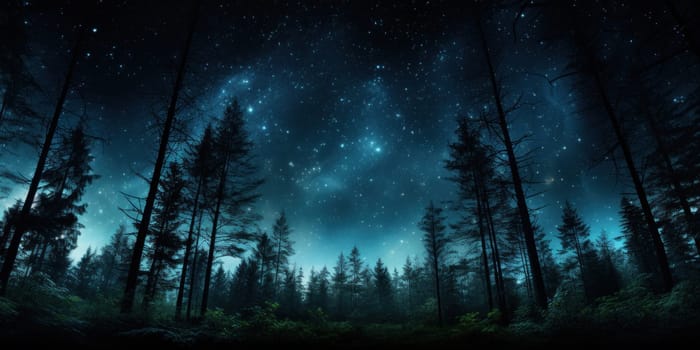 night sky in forest, view of star on night sky through tree brunches. AI Generative.