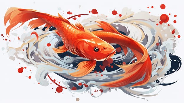 Illustration of a red koi fish on a white background with splashes , generate AI