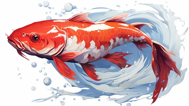 Illustration of a red koi fish on a white background with splashes , generate AI