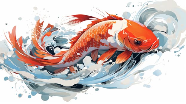 Illustration of a red koi fish on a white background with splashes , generate AI