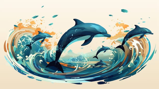 Dolphins jumping out of the water. Vector illustration in retro style. Generate AI