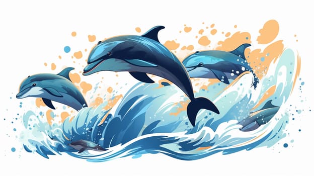 Dolphins jumping out of the water. Vector illustration in retro style. Generate AI