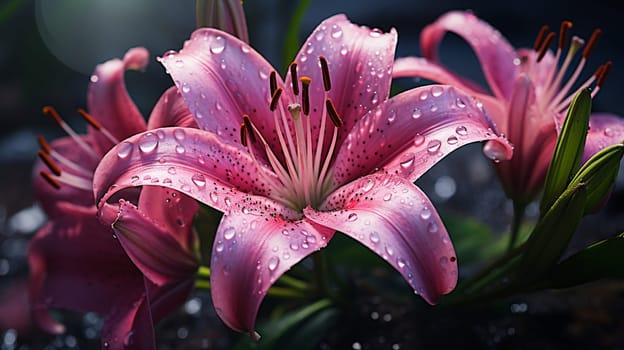 Beautiful pink lily flower with water drops on the petals, Generate AI