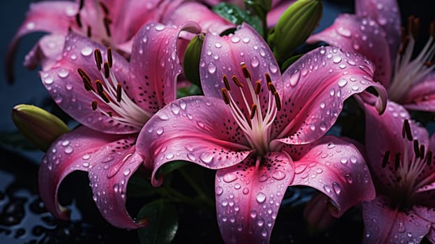 Beautiful pink lily flower with water drops on the petals, Generate AI