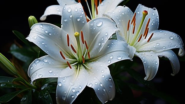Beautiful white lily flowers with raindrops on the petals , Generate AI