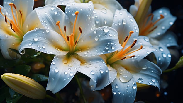 Beautiful white lily flowers with raindrops on the petals , Generate AI