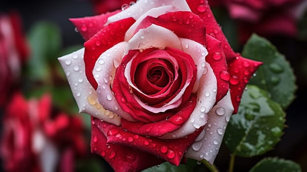 beautiful red rose with water drops on dark background, closeup, Generate AI