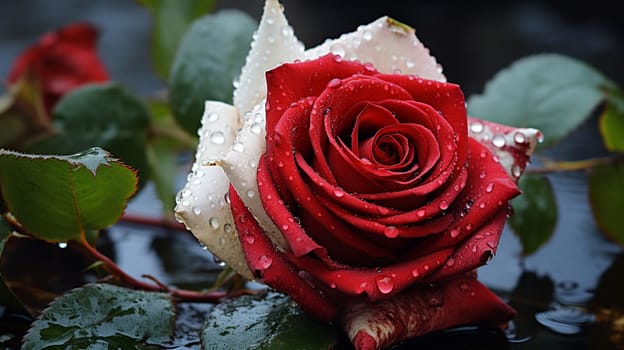 beautiful red rose with water drops on dark background, closeup, Generate AI