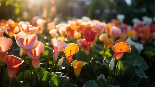 Beautiful calla lily flower in the garden at sunset. Generate AI