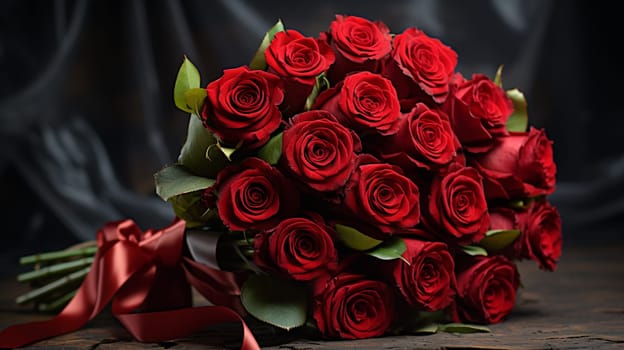 Beautiful bouquet of red roses on the background of the lake, Generate Ai