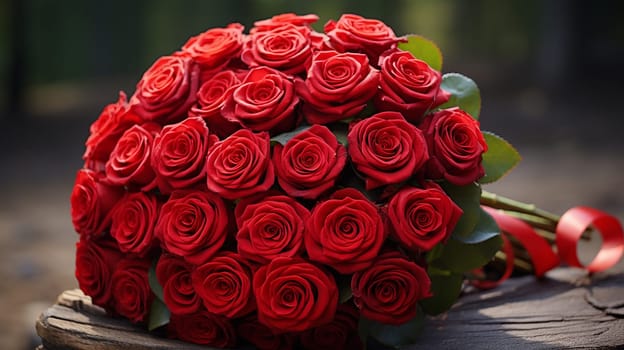 Beautiful bouquet of red roses on the background of the lake, Generate Ai
