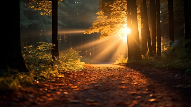 Sunset in the autumn forest. Beautiful nature scenery with sunbeams, Generate AI