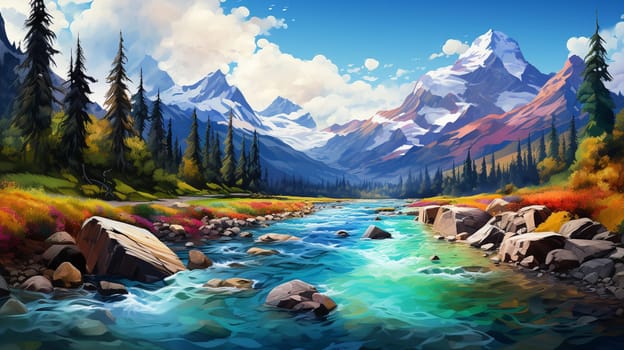 Beautiful fantasy landscape with mountain river and colorful flowers. Digital painting , Generate AI