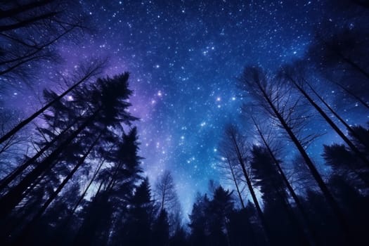 night sky in forest, view of star on night sky through tree brunches. AI Generative.