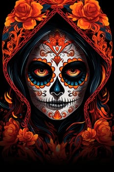 Dia de los muertos, Mexican holiday of the dead .Woman with sugar skull make up and flowers. Generative AI.