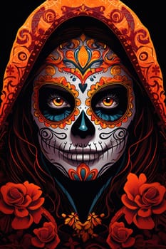 Dia de los muertos, Mexican holiday of the dead .Woman with sugar skull make up and flowers. Generative AI.