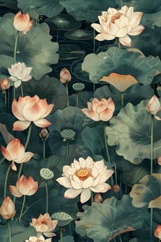 A beautiful painting of pink lotus flowers and leaves in a serene pond, showcasing the intricate details of this flowering plant from the Rose family