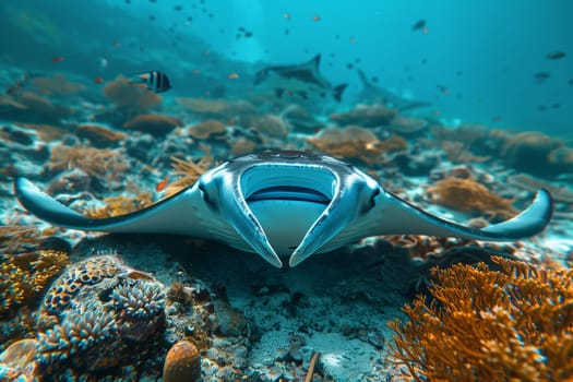 Manta ray swimming in the ocean in French Polynesia.