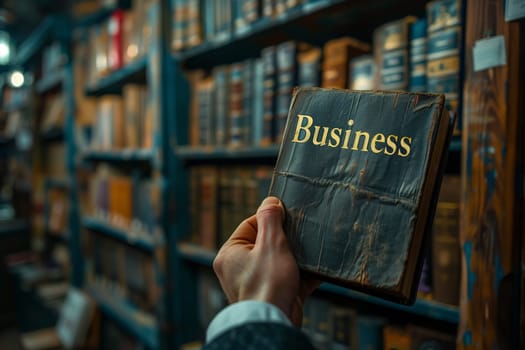 A man is holding a book with the inscription - Business. Close-up
