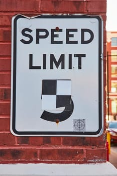 Urban Decay in Fort Wayne - A defaced speed limit sign, aging gracefully on a brick wall, silently narrates the tale of city life.