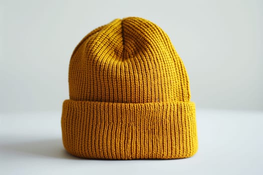 A bright yellow beanie hat sits on a clean white background. The hat is neatly folded, showing off its vibrant color.