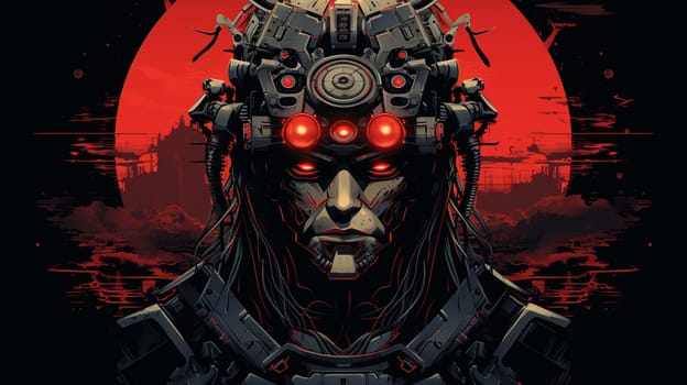 Cyborg in front of the big red sun. Vector illustration. generate Ai