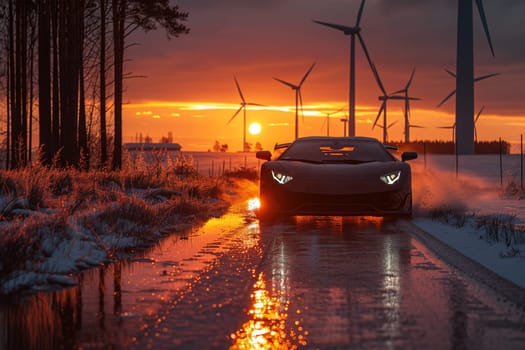 A car moves down a road with tall wind turbines spinning in the background under a clear sky.