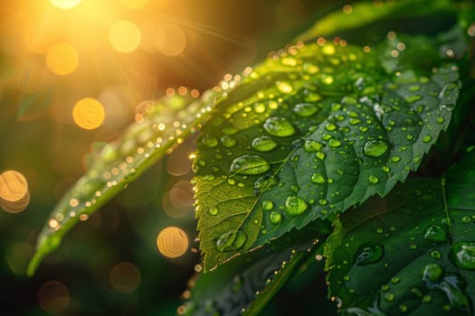 Large beautiful drops of transparent rain water on a green leaf macro. Drops of dew in the morning glow in the sun.