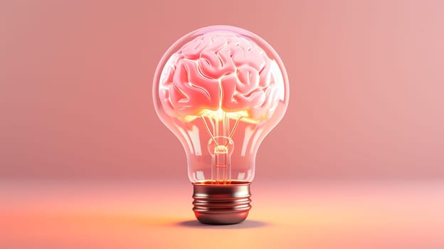 Human brain inside a light bulb on pink background. 3D rendering , Generate AI