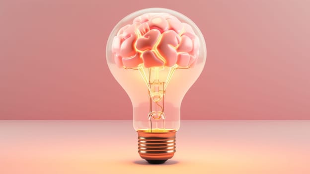 Human brain inside a light bulb on pink background. 3D rendering , Generate AI