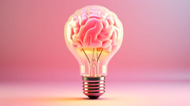 Human brain inside a light bulb on pink background. 3D rendering , Generate AI