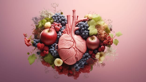 Human heart made of various plants and flowers. 3d illustration. Generate AI