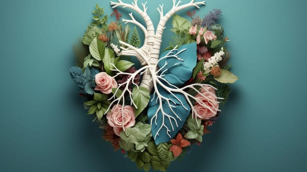 Human heart made of various plants and flowers. 3d illustration. Generate AI