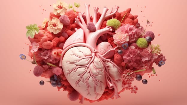 Human heart made of various plants and flowers. 3d illustration. Generate AI