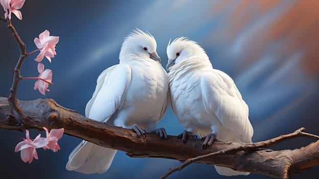 Two white doves in love with rose petals on pink background , generate AI