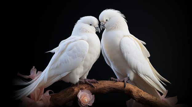 Two white doves in love with rose petals on pink background , generate AI